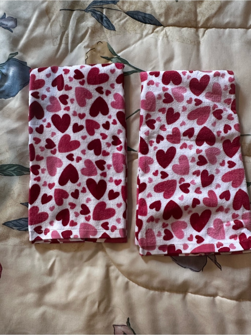 Heart Print Pink & Red Cotton Hand Towels - Set of 2